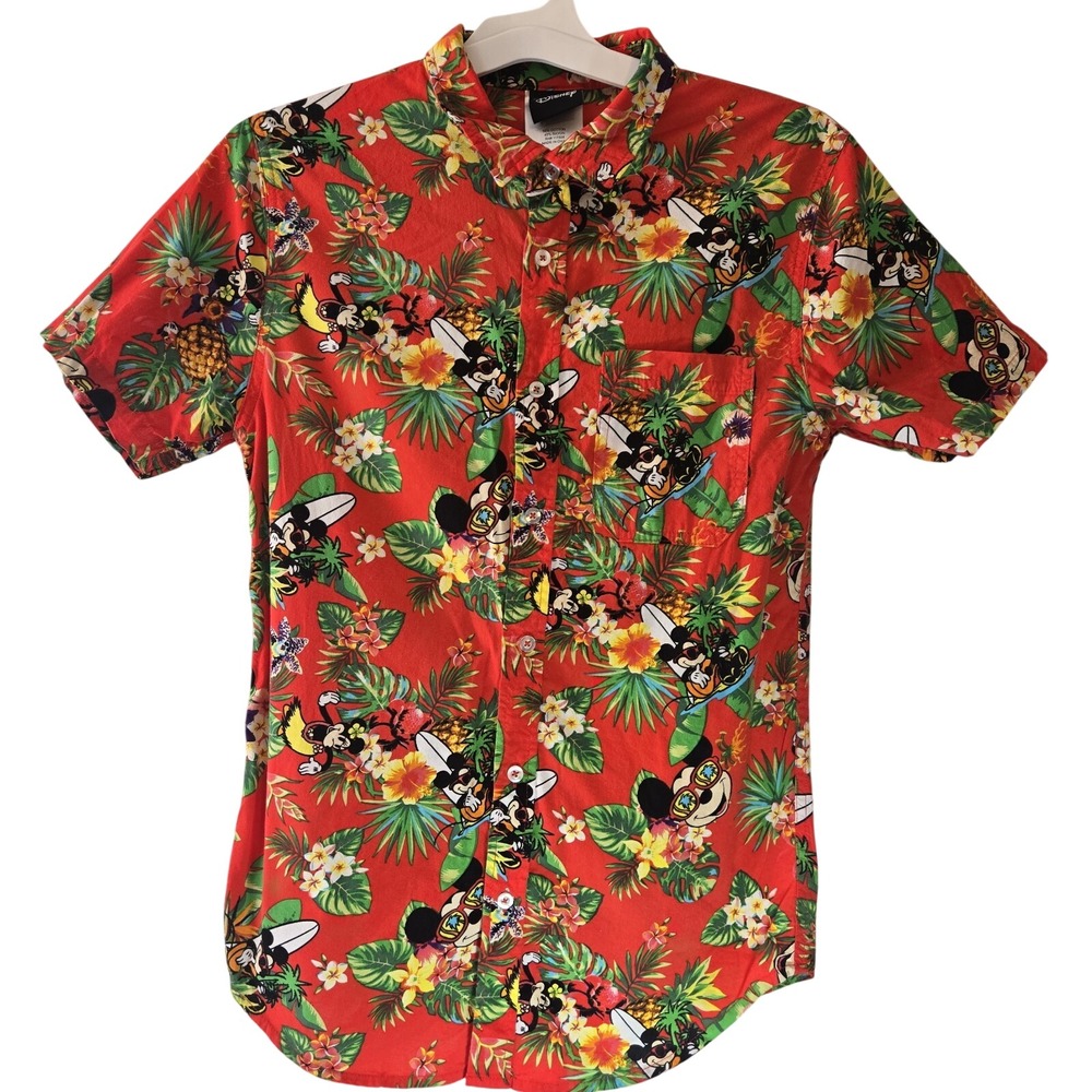Mens Disney Mickey‎ Mouse Hawaiian Shirt Red Green Floral Button Up Resort sz S